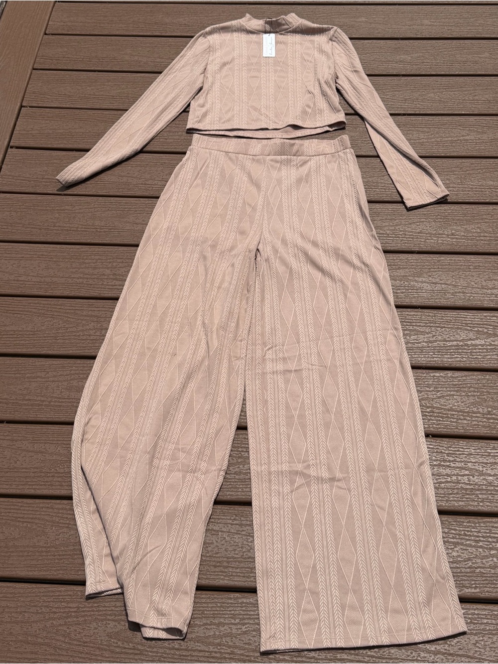 NWT Hunter & Brown Beige Cable Knit Crop Top & Wide Leg Pants Matching Set L - Picture 6 of 7